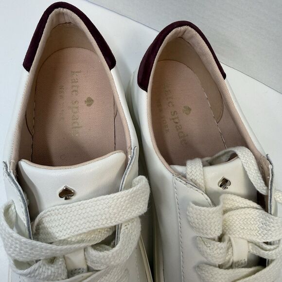 Kate Spade Fez Leather Low Top Sneaker In Optic White & Suede Maroon Sz 11 New - Picture 6 of 9